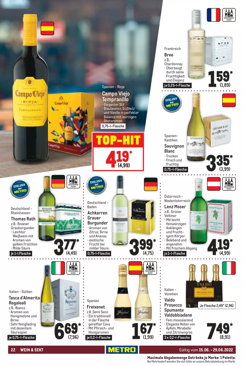 Aktueller Prospekt Metro - GastroJournal - von 15.06 bis 29.06.2022 - strona 22 - produkty: ananas, asti, auer, Bad, beere, beeren, Blaubeer, blaubeere, bree, burgunder, campo viejo, Cava, chardonnay, ecco, elle, ente, flasche, freixenet, frucht, früchte, früchten, getränk, getränke, grauburgunder, grauer burgunder, Holz, honig, honigmelone, Lenz Moser, melone, moser, Palette, pfirsich, prosecco, puma, regal, rioja, Rivaner, sauvignon, sauvignon blanc, sekt, spumante, tempranillo, Ti, tisch, top-hit, valdo, vanille, wein, Weißwein, zitrone, zitronen