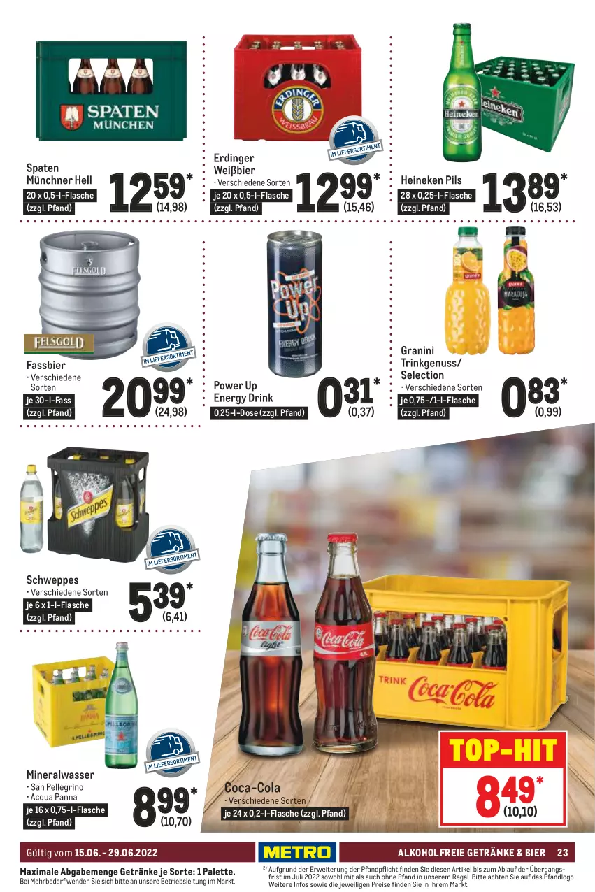 Aktueller Prospekt Metro - GastroJournal - von 15.06 bis 29.06.2022 - strona 23 - produkty: alkohol, alkoholfreie getränke, Alwa, bier, coca-cola, cola, drink, eis, elle, energy drink, erdinger, flasche, getränk, getränke, granini, heineken, mineralwasser, nuss, Palette, pils, regal, reis, rwe, san pellegrino, schweppes, Spaten, Ti, top-hit, wasser