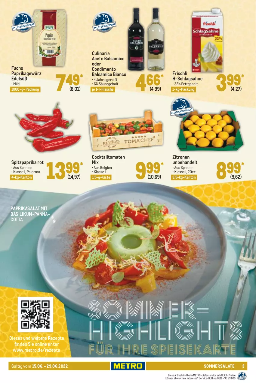 Aktueller Prospekt Metro - GastroJournal - von 15.06 bis 29.06.2022 - strona 3 - produkty: aceto, aceto balsamico, balsam, balsamico, balsamico bianco, basilikum, cocktail, condimento, culinaria, eis, flasche, frischli, gewürz, LG, lieferservice, Metro, paprika, paprika rot, reis, rezept, rezepte, Ria, sahne, salat, salate, schlagsahne, Spitzpaprika, Ti, tomate, tomaten, zitrone, zitronen