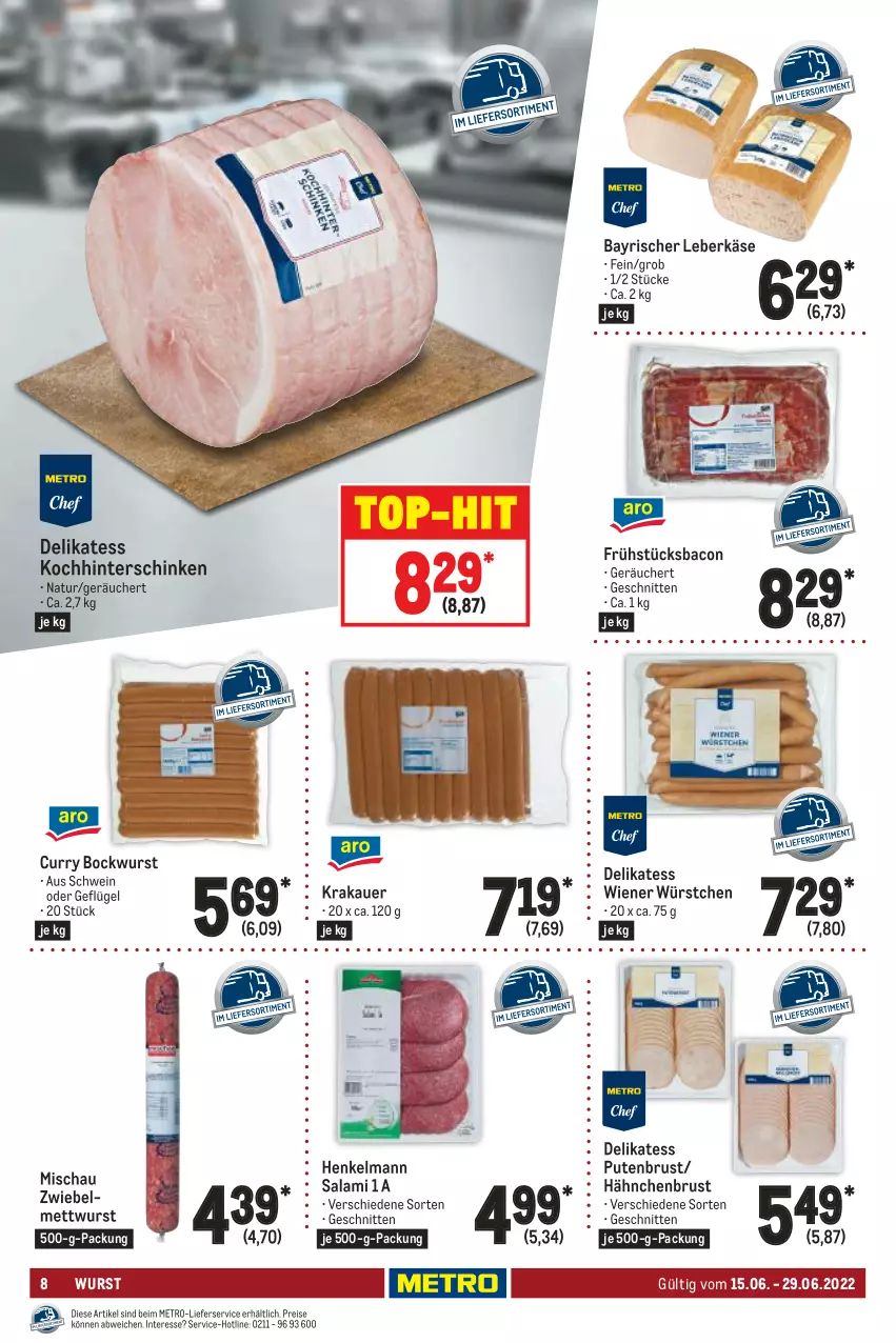 Aktueller Prospekt Metro - GastroJournal - von 15.06 bis 29.06.2022 - strona 8 - produkty: auer, bacon, bockwurst, curry, eis, Geflügel, hähnchenbrust, henkel, hinterschinken, Käse, krakauer, leberkäs, leberkäse, lieferservice, Metro, Mett, mettwurst, natur, pute, putenbrust, reis, salami, schinken, schnitten, schwein, Ti, top-hit, wein, wiener, wiener würstchen, wurst, würstchen, zwiebel, zwiebelmettwurst