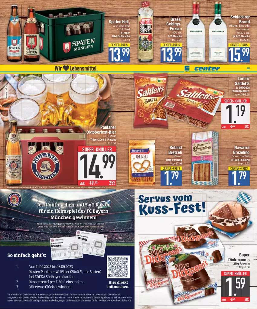 Aktueller Prospekt E Center - Angebote der Woche - von 11.09 bis 16.09.2023 - strona 13 - produkty: alkohol, beutel, bier, brezel, eis, ente, flasche, kirsch, lorenz, Paula, paulaner, reis, saltletts, salz, Schladerer, sesam, Spaten, super-knüller, wasser, ZTE