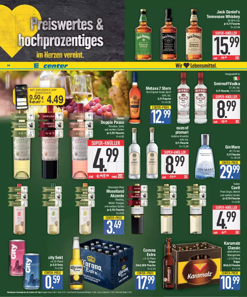 Aktueller Prospekt E Center - Angebote der Woche - von 11.09 bis 16.09.2023 - strona 14 - produkty: alkohol, aperitif, corona, corona extra, coupon, deka, doppio passo, eis, ente, fisch, flasche, fleisch, Geflügel, getränk, gin, gin mare, grill, grillo, hartkäse, jack daniel, Kalbfleisch, karamalz, Käse, lamm, malz, merl, merlot, Metaxa, moselland, Müller, nuss, ouzo, passo, pasta, Pinot, pinot grigio, primitivo, rama, reis, riesling, rind, rindfleisch, sekt, smirnoff, snack, snacks, super-knüller, tennessee whiskey, Ti, Vegeta, vodka, vorspeise, weichkäse, whiskey, ZTE