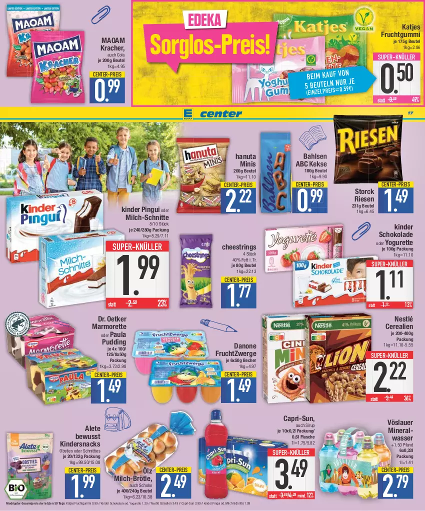 Aktueller Prospekt E Center - Angebote der Woche - von 11.09 bis 16.09.2023 - strona 17 - produkty: Alwa, auer, bahlsen, Becher, beutel, Cap, capri-sun, cerealien, cola, danone, danone fruchtzwerge, deka, Dr. Oetker, eis, ente, flasche, frucht, fruchtgummi, fruchtzwerge, hanuta, katjes, keks, kekse, Kinder, kinder pingui, kinder schokolade, kracher, maoam, marmorette, milch, milch-schnitte, mineralwasser, nestlé, obst, oder yogurette, Paula, paula pudding, pingui, pudding, reis, ring, schoko, schokolade, sirup, snack, snacks, storck, String, super-knüller, Ti, vöslauer, wasser, Yo, yogurette, ZTE