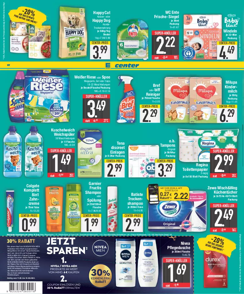 Aktueller Prospekt E Center - Angebote der Woche - von 11.09 bis 16.09.2023 - strona 18 - produkty: auer, beutel, biff, Bref, Cap, colgate, coupon, coupons, creme, deka, Discreet, dusche, eier, eis, Engel, ente, flasche, fructis, garnier, gin, Happy Cat, Hundetrockennahrung, Kinder, kindermilch, küche, Küchen, küchentücher, Kuschelweich, LG, megaperls, milch, milupa, nivea, Nivea Men, nuss, O.b., papier, pflegedusche, reiniger, reis, shampoo, sofort-rabatt, spee, spülung, super-knüller, Tampon, tampons, Ti, toilettenpapier, Trockennahrung, Trockenshampoo, tücher, wc ente, weichspüler, windeln, zahncreme, zewa, ZTE