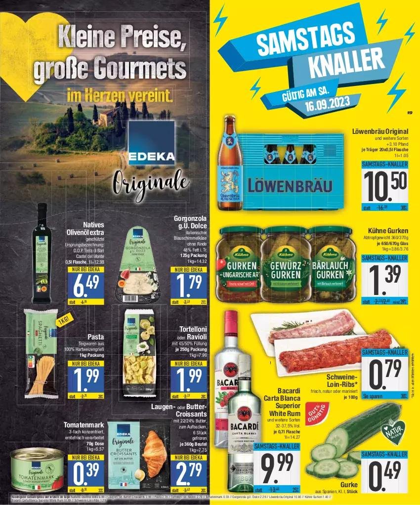 Aktueller Prospekt E Center - Angebote der Woche - von 11.09 bis 16.09.2023 - strona 19 - produkty: bacardi, beutel, butter, Croissant, croissants, deka, eis, flasche, gin, gorgonzola, gurke, gurken, hartweizen, Käse, Kühne, monte, natives olivenöl, natur, olive, oliven, olivenöl, olivenöl extra, pasta, ravioli, reis, rind, rum, schwein, schweine, teigwaren, Ti, tomate, tomaten, tomatenmark, torte, tortelloni, wein, weine, white rum, ZTE