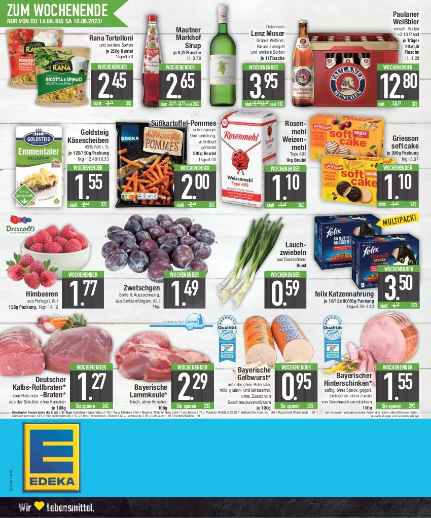 Aktueller Prospekt E Center - Angebote der Woche - von 11.09 bis 16.09.2023 - strona 20 - produkty: auer, beere, beeren, beutel, bier, blauer zweigelt, braten, eis, felix, flasche, goldsteig, griesson, grüner veltliner, himbeer, himbeere, himbeeren, hinterschinken, kartoffel, Käse, käsescheiben, katzennahrung, lamm, lammkeule, Lauchzwiebel, lauchzwiebeln, lebensmittel, Lenz Moser, mac, Mantel, Mautner, mehl, moser, Paula, paulaner, petersilie, pommes, Rana, reis, rollbraten, rosen, Rosenmehl, saft, schinken, sirup, Speck, süßkartoffel-, Süßkartoffel-Pommes, Ti, torte, tortelloni, type 405, weizenmehl, wurst, ZTE, Zweigelt, zwiebel, zwiebeln