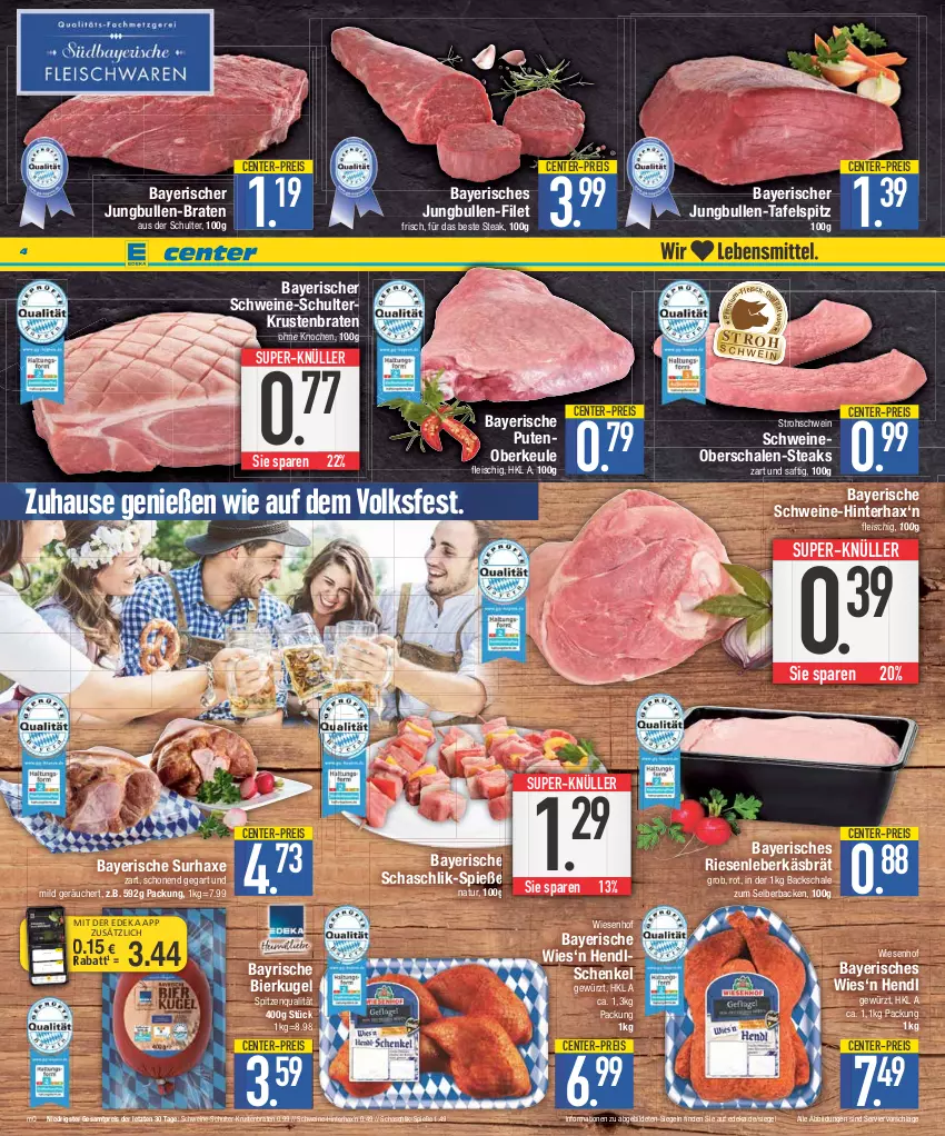 Aktueller Prospekt E Center - Angebote der Woche - von 11.09 bis 16.09.2023 - strona 4 - produkty: axe, bier, braten, coupon, deka, eis, ente, filet, fleisch, gewürz, Haxe, Hendl, henkel, jungbullen, krustenbraten, Kugel, leberkäs, natur, nuss, pute, Putenoberkeule, reis, saft, Schal, Schale, schenkel, schwein, schweine, Schweineoberschale, spitzenqualität, steak, steaks, super-knüller, tafelspitz, Ti, wein, weine, wiesenhof, ZTE