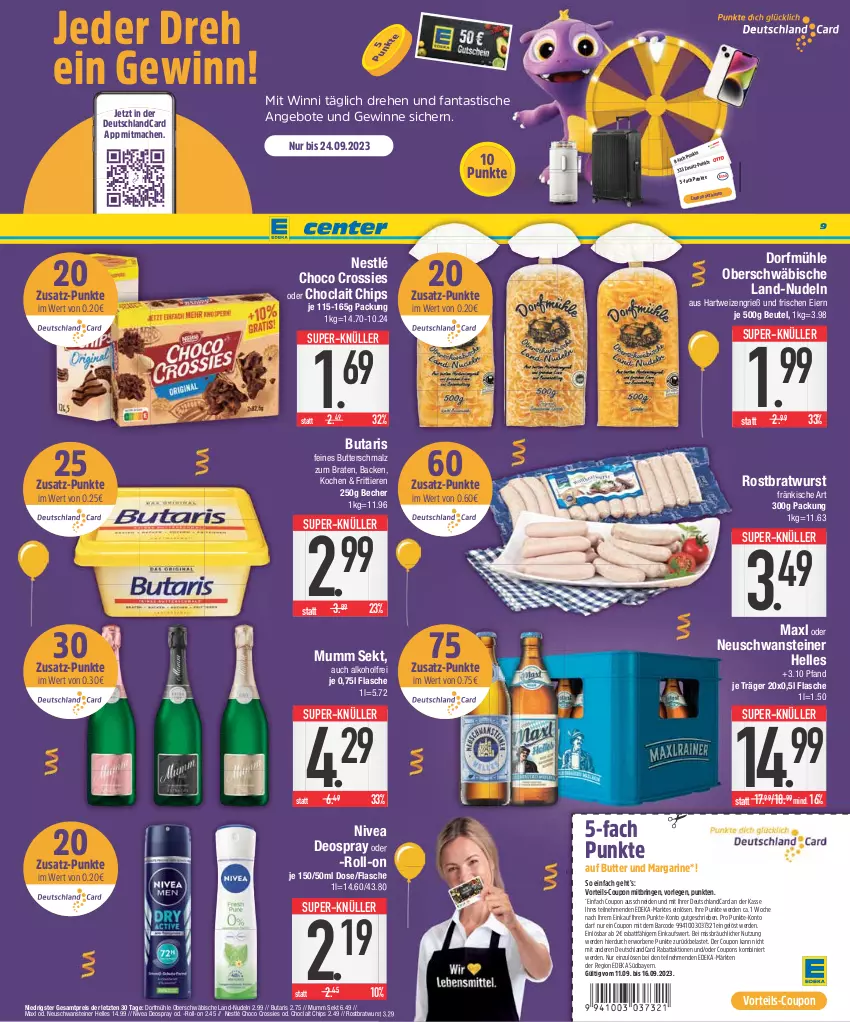 Aktueller Prospekt E Center - Angebote der Woche - von 11.09 bis 16.09.2023 - strona 9 - produkty: alkohol, angebot, angebote, asti, Becher, beutel, braten, bratwurst, butter, Butterschmalz, chips, choclait chips, choco crossies, coupon, coupons, crossies, deka, deo, deospray, deutschlandcard, eier, eis, elle, erde, fanta, flasche, hartweizen, mac, malz, margarine, mumm, nestlé, nivea, nudel, nudeln, reis, ring, roll-on, rostbratwurst, Schmalz, sekt, steiner, super-knüller, Ti, Tiere, tisch, wurst, ZTE