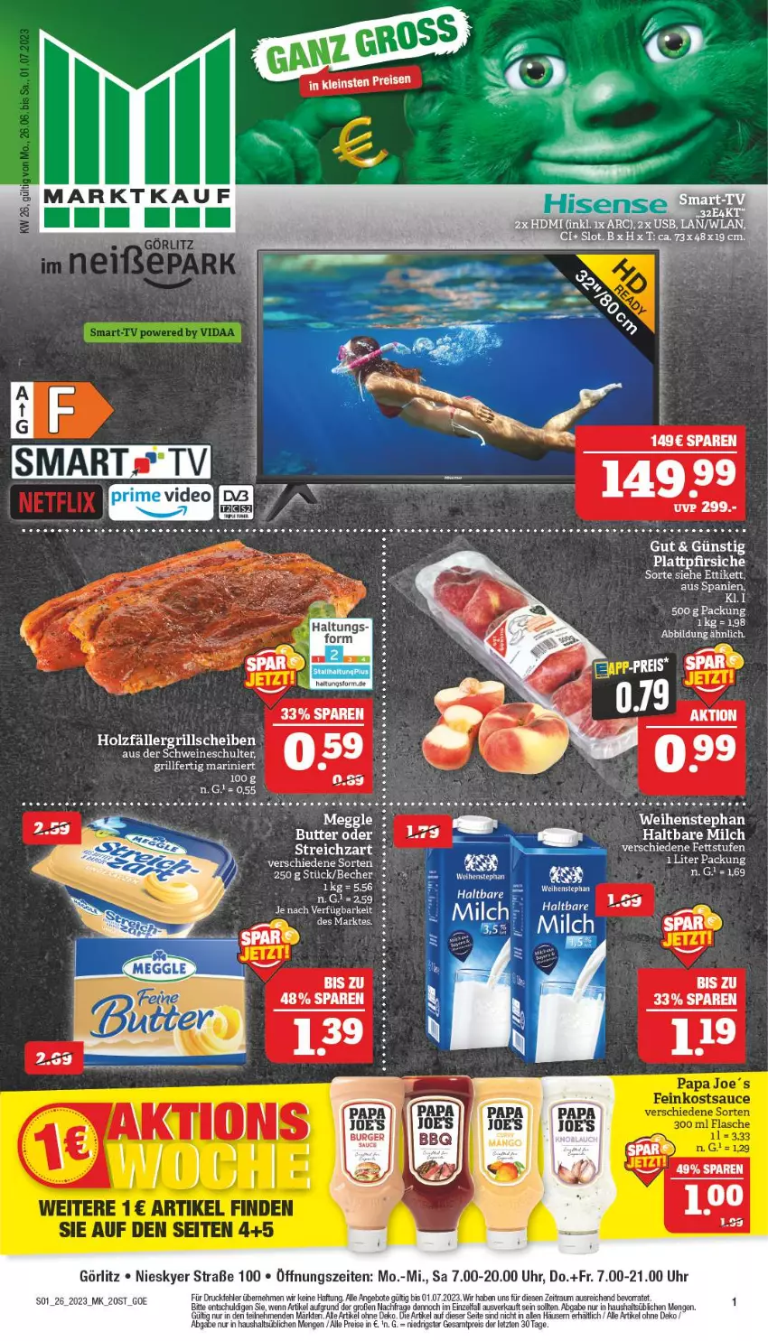 Aktueller Prospekt Marktkauf - Prospekt - von 25.06 bis 01.07.2023 - strona 1 - produkty: angebot, angebote, Becher, butter, eis, elle, grill, haltbare milch, Holz, meggle, milch, pfirsich, pfirsiche, plattpfirsiche, reis, schwein, schweine, tee, Ti, uhr, weihenstephan, wein, weine, ZTE