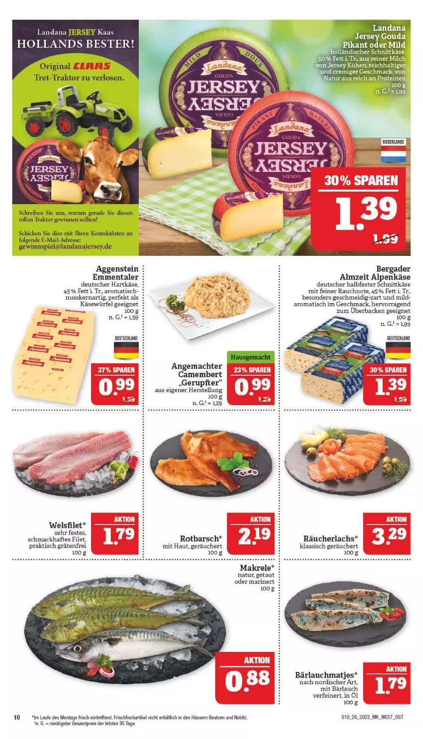 Aktueller Prospekt Marktkauf - Prospekt - von 25.06 bis 01.07.2023 - strona 10 - produkty: Bau, bergader, camembert, eis, elle, emmentaler, filet, fisch, frischfisch, gouda, halbfester schnittkäse, hartkäse, holländischer schnittkäse, Käse, lachs, mac, Makrele, matjes, milch, natur, nuss, Rauch, Räucherlachs, reis, rel, Rotbarsch, schnittkäse, teller, Ti, tisch, Wels, würfel, ZTE