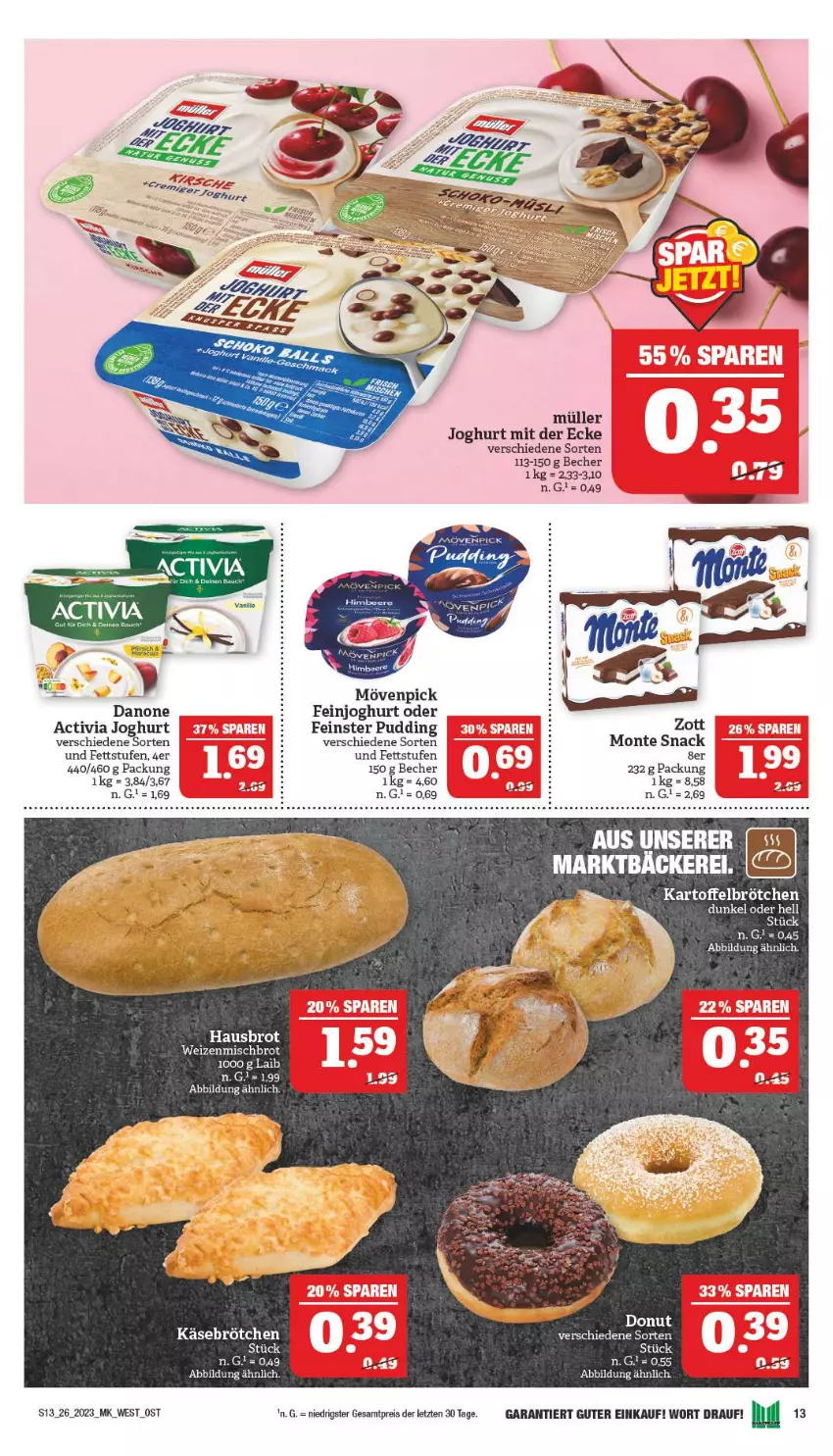 Aktueller Prospekt Marktkauf - Prospekt - von 25.06 bis 01.07.2023 - strona 13 - produkty: activia, activia joghurt, Becher, beere, brot, brötchen, danone, eis, feinjoghurt, himbeer, himbeere, joghur, joghurt, joghurt mit der ecke, kartoffel, Käse, mars, monte, mövenpick, Müller, pfirsich, pudding, reis, snack, Ti, usb, weizenmischbrot, zott, ZTE