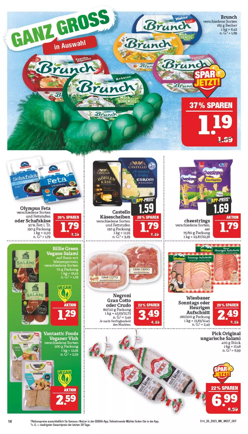 Aktueller Prospekt Marktkauf - Prospekt - von 25.06 bis 01.07.2023 - strona 14 - produkty: aktionspreis, auer, aufschnitt, Bau, Bauer, Becher, deka, eis, feta, gin, Heu, Käse, käsescheiben, nuss, reis, ring, salami, schafskäse, String, Ti, Ungarische Salami, wiesbauer, ZTE