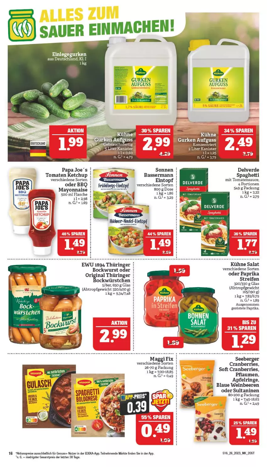 Aktueller Prospekt Marktkauf - Prospekt - von 25.06 bis 01.07.2023 - strona 16 - produkty: aktionspreis, apfel, beere, beeren, Berger, bockwurst, cranberries, deka, eintopf, eis, erde, flasche, gin, gurke, gurken, ketchup, Kühne, maggi, mayonnaise, nuss, original thüringer, paprika, pflaume, pflaumen, reifen, reis, ring, salat, sauce, seeberger, spaghetti, Ti, tomate, tomaten, tomaten ketchup, tomatensauce, topf, wein, wurst, würstchen, Yo, ZTE