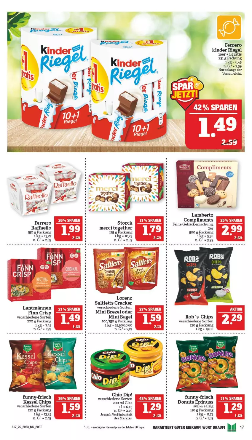 Aktueller Prospekt Marktkauf - Prospekt - von 25.06 bis 01.07.2023 - strona 17 - produkty: Amber, Bagel, brezel, chips, cracker, dip, Donut, donuts, eis, erdnuss, ferrero, funny-frisch, Kinder, kinder riegel, lambertz, lorenz, merci, nuss, raffaello, reis, riegel, saltletts, salz, storck, Ti, Tiere, ZTE