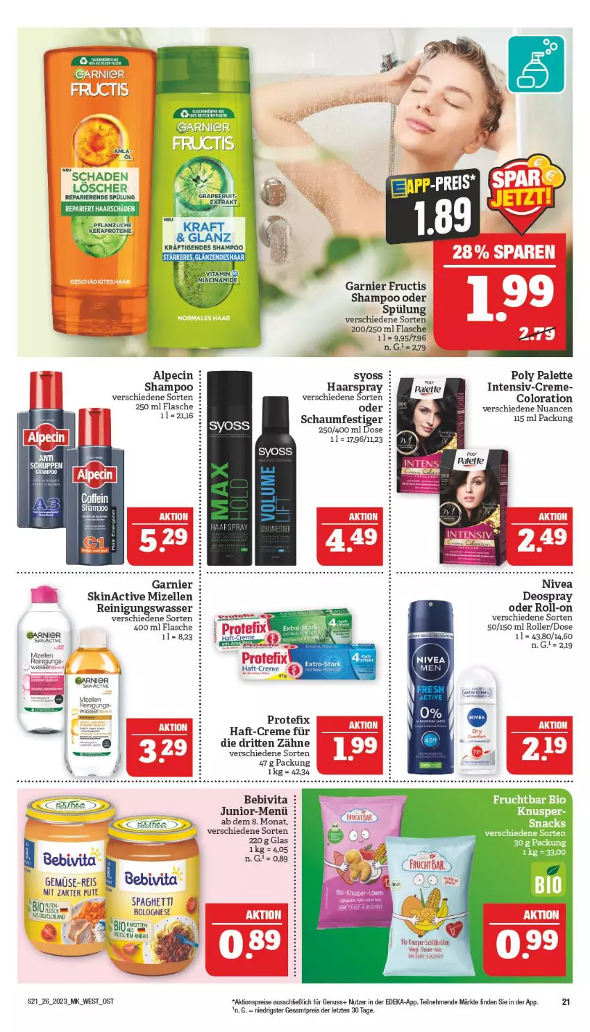 Aktueller Prospekt Marktkauf - Prospekt - von 25.06 bis 01.07.2023 - strona 21 - produkty: aktionspreis, alpecin, Bau, bebivita, bio, bolognese, cin, creme, deka, deo, deospray, eis, elle, flasche, frucht, fructis, garnier, gsw, haarspray, mizellen, Mizellen Reinigungswasser, nivea, Nuance, nuss, Palette, pute, Reinigung, reis, roll-on, Roller, schaumfestiger, shampoo, shampoo oder spülung, snack, snacks, spülung, syoss, Ti, vita, wasser, Yo, ZTE