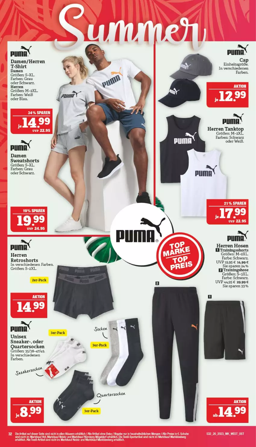 Aktueller Prospekt Marktkauf - Prospekt - von 25.06 bis 01.07.2023 - strona 32 - produkty: hose, hosen, puma, pumas, retroshorts, shorts, sneaker, socken, sweatshorts, tanktop, Trainingshose