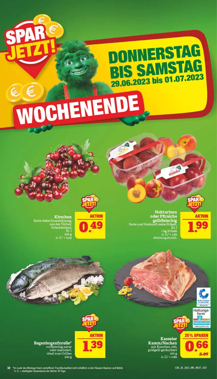 Aktueller Prospekt Marktkauf - Prospekt - von 25.06 bis 01.07.2023 - strona 38 - produkty: Bau, eis, elle, fisch, fleisch, forelle, frischfisch, grill, ideal zum grillen, kasseler, kirsch, kirsche, kirschen, natur, Nektar, nektarinen, reis, rel, Schal, Schale, Ti, ZTE