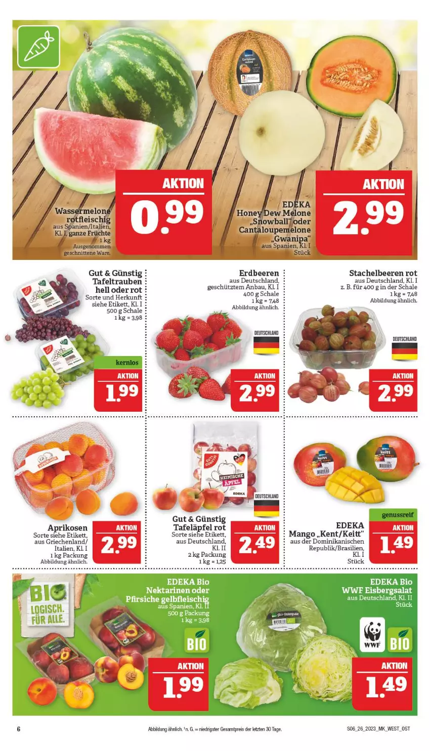 Aktueller Prospekt Marktkauf - Prospekt - von 25.06 bis 01.07.2023 - strona 6 - produkty: aprikose, aprikosen, Bau, beere, beeren, bio, deka, edeka bio, eis, eisbergsalat, erdbeere, erdbeeren, gin, mango, melone, Nektar, nektarinen, nektarinen oder, reis, salat, Schal, Schale, Stachelbeeren, tafeläpfel, tafeltrauben, Ti, trauben, ZTE