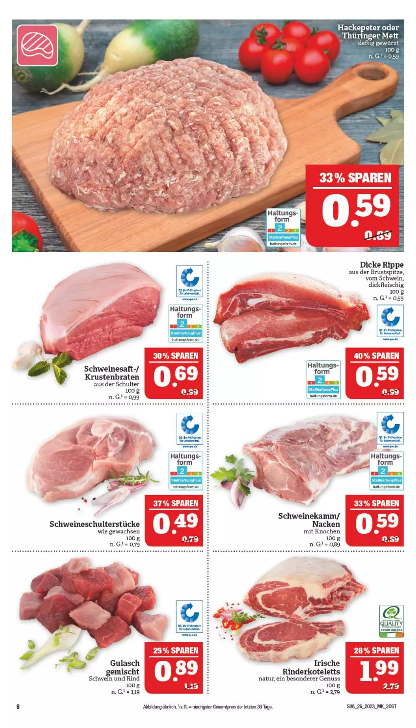 Aktueller Prospekt Marktkauf - Prospekt - von 25.06 bis 01.07.2023 - strona 8 - produkty: braten, eis, fleisch, gewürz, gulasch, kotelett, krustenbraten, Mett, natur, nuss, reis, rind, rinder, ring, saft, schwein, schwein und rind, schweine, tee, Ti, wein, weine, ZTE