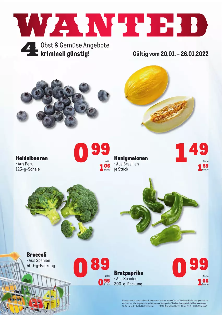 Aktueller Prospekt Metro - Obst & Gemüse Frischepreise - von 20.01 bis 26.01.2022 - strona 1 - produkty: abholpreise, angebot, angebote, beere, beeren, broccoli, brut, eis, heidelbeere, heidelbeeren, honig, honigmelone, honigmelonen, ilag, melone, melonen, Metro, obst, paprika, Rauch, reis, rwe, Schal, Schale, Ti