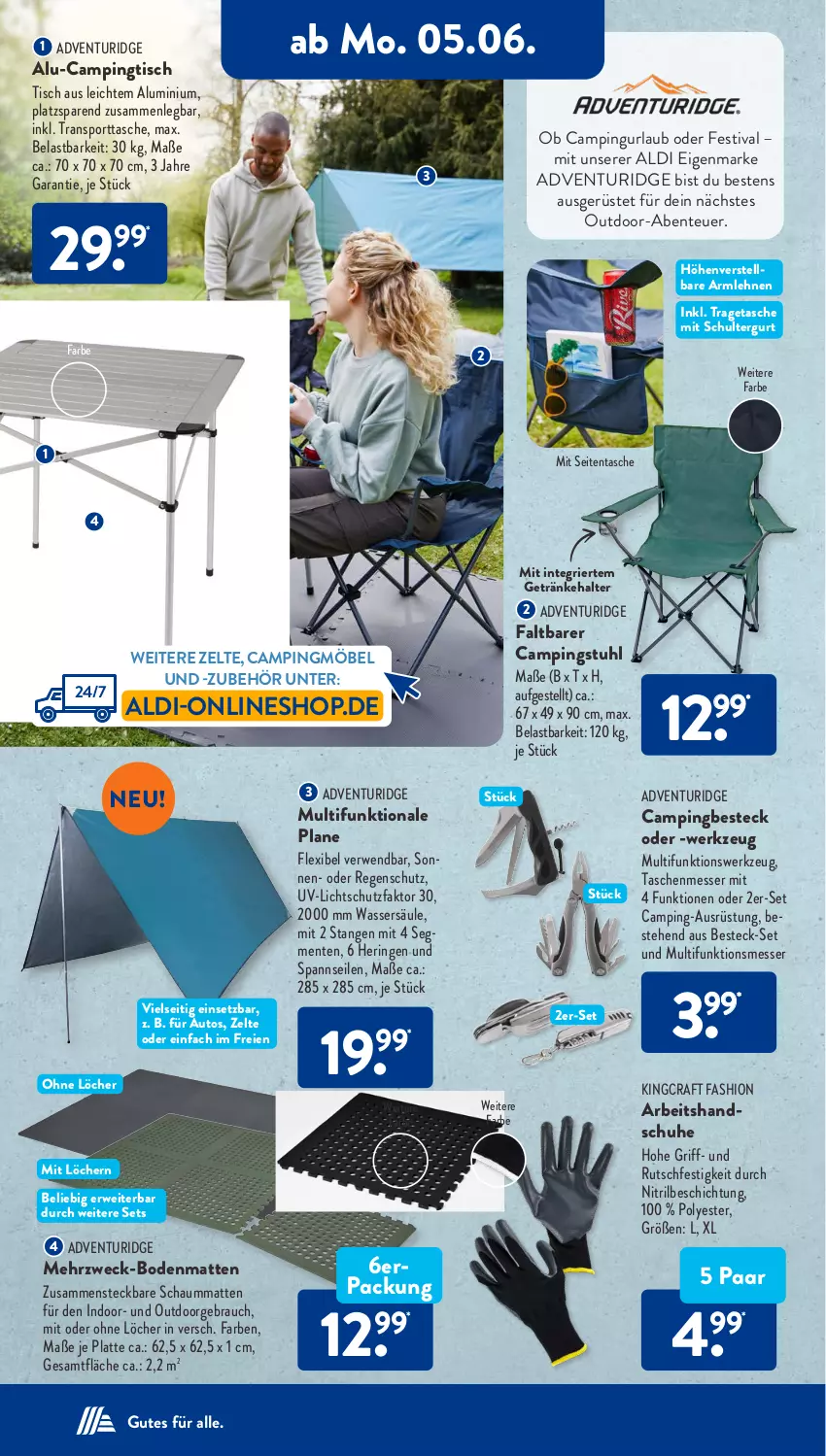 Aktueller Prospekt AldiSud - NÄCHSTE WOCHE - von 05.06 bis 10.06.2023 - strona 13 - produkty: aldi, armlehnen, auto, besteck, besteck-set, Bodenmatten, campingstuhl, Campingtisch, ente, getränk, getränke, getränkehalter, handschuhe, hering, latte, messer, möbel, Rauch, Regenschutz, ring, rwe, schuhe, schultergurt, Sport, sporttasche, stuhl, Tasche, taschen, Ti, tisch, tragetasche, wasser, weck, werkzeug, Zelt