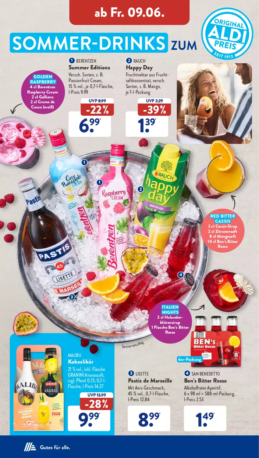 Aktueller Prospekt AldiSud - NÄCHSTE WOCHE - von 05.06 bis 10.06.2023 - strona 36 - produkty: alkohol, ananas, aperitif, asti, berentzen, Blüte, cassis, creme, drink, drinks, eier, eis, flasche, frucht, fruchtsaft, granini, Happy Day, holunder, holunderblüte, kokos, likör, mac, Malibu, mango, mangos, mars, Nektar, raspberry, Rauch, reis, saft, sirup, Ti, zitrone, zitronen, zitronensaft