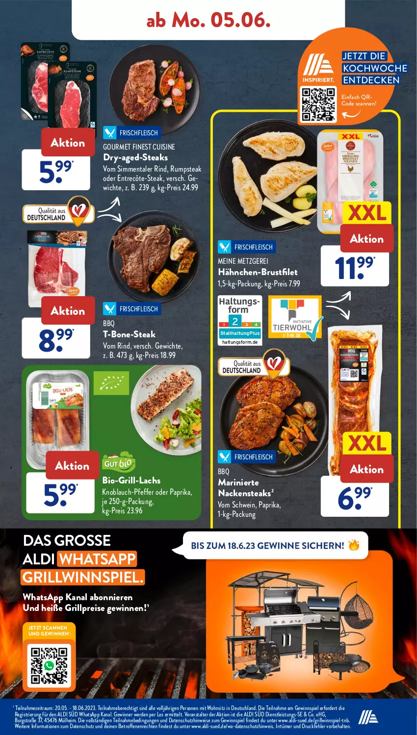 Aktueller Prospekt AldiSud - NÄCHSTE WOCHE - von 05.06 bis 10.06.2023 - strona 6 - produkty: aldi, bio, brustfilet, decke, eis, entrecôte, erde, filet, fleisch, gewinnspiel, grill, grill-lachs, hähnchen-brustfilet, je 250-g-packung, knoblauch, lachs, Nackensteak, nackensteaks, paprika, pfeffer, reis, rind, rum, rumpsteak, schwein, sim, steak, steaks, Ti, wein