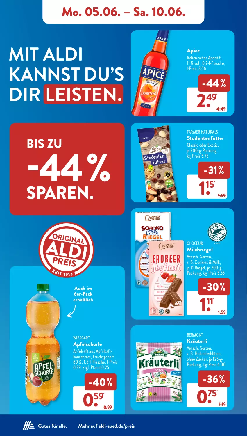 Aktueller Prospekt AldiSud - NÄCHSTE WOCHE - von 05.06 bis 10.06.2023 - strona 9 - produkty: aldi, aperitif, apfel, apfelsaft, Apfelschorle, Blüte, cookie, cookies, eis, ente, flasche, frucht, holunder, holunderblüte, kräuter, milch, natur, natura, reis, riegel, saft, schorle, studentenfutter, Ti, zucker