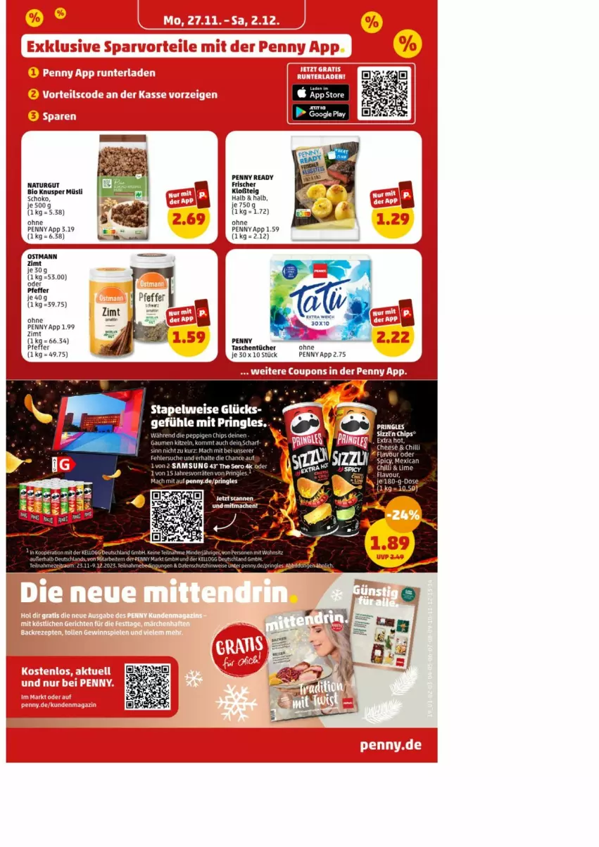 Aktueller Prospekt Penny - Prospekte - von 27.11 bis 02.12.2023 - strona 20 - produkty: bio, müsli, natur, pfeffer, pringles, ring, Samsung, schoko, Tasche, taschen, taschentücher, tücher