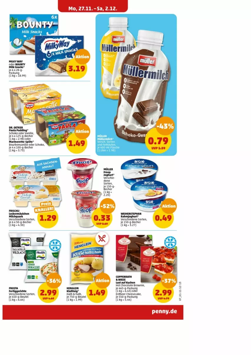 Aktueller Prospekt Penny - Prospekte - von 27.11 bis 02.12.2023 - strona 8 - produkty: Becher, beutel, bounty, bourbon, bourbonvanille, cheesecake, fertiggericht, fertiggerichte, frosta, milch, milky way, schoko, snack, snacks, Ti, vanille