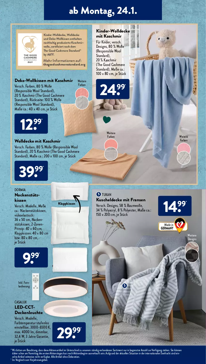 Aktueller Prospekt AldiSud - ALDI Aktuell - von 24.01 bis 29.01.2022 - strona 11 - produkty: alle artikel ohne dekoration, angebot, asti, Bau, baumwolle, cashmere, decke, deckenleuchte, dekoration, dell, dormia, eis, elle, fernbedienung, gin, Kinder, kissen, kuscheldecke, Leuchte, Mode, nackenstützkissen, resa, Ti, tisch, wolle, ZTE