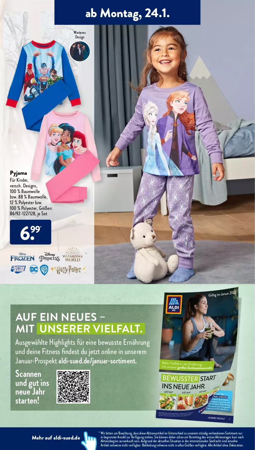 Aktueller Prospekt AldiSud - ALDI Aktuell - von 24.01 bis 29.01.2022 - strona 14 - produkty: aldi, alle artikel ohne dekoration, Bau, baumwolle, Comics, dekoration, disney, eis, elle, ente, gin, hohenstein, Justice League, Kinder, kleid, Kleidung, Pyjama, rel, Ti, wolle, ZTE