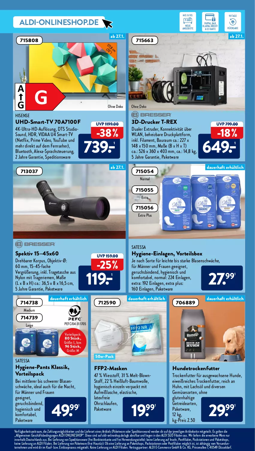 Aktueller Prospekt AldiSud - ALDI Aktuell - von 24.01 bis 29.01.2022 - strona 19 - produkty: aldi, alexa, angebot, angebote, asti, auer, aust, Bau, baumwolle, binden, deo, drucker, eis, elle, erde, fernseher, FFP2, hisense, Hygiene-Pants, lachs, Laufen, LG, Liege, Maske, netflix, Pants, reis, rwe, Tasche, Ti, tisch, tragetasche, trockenfutter, uhd, wolle, Yo