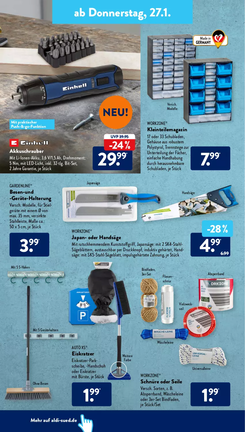 Aktueller Prospekt AldiSud - ALDI Aktuell - von 24.01 bis 29.01.2022 - strona 20 - produkty: Absperrband, akku, akkuschrauber, aldi, aust, auto, bürste, dell, eis, Eiskratzer, elle, Fliesenschnur, gardenline®, Japansäge, led-licht, leine, LG, magazin, Mode, säge, schubladen, Ti, tisch, weck