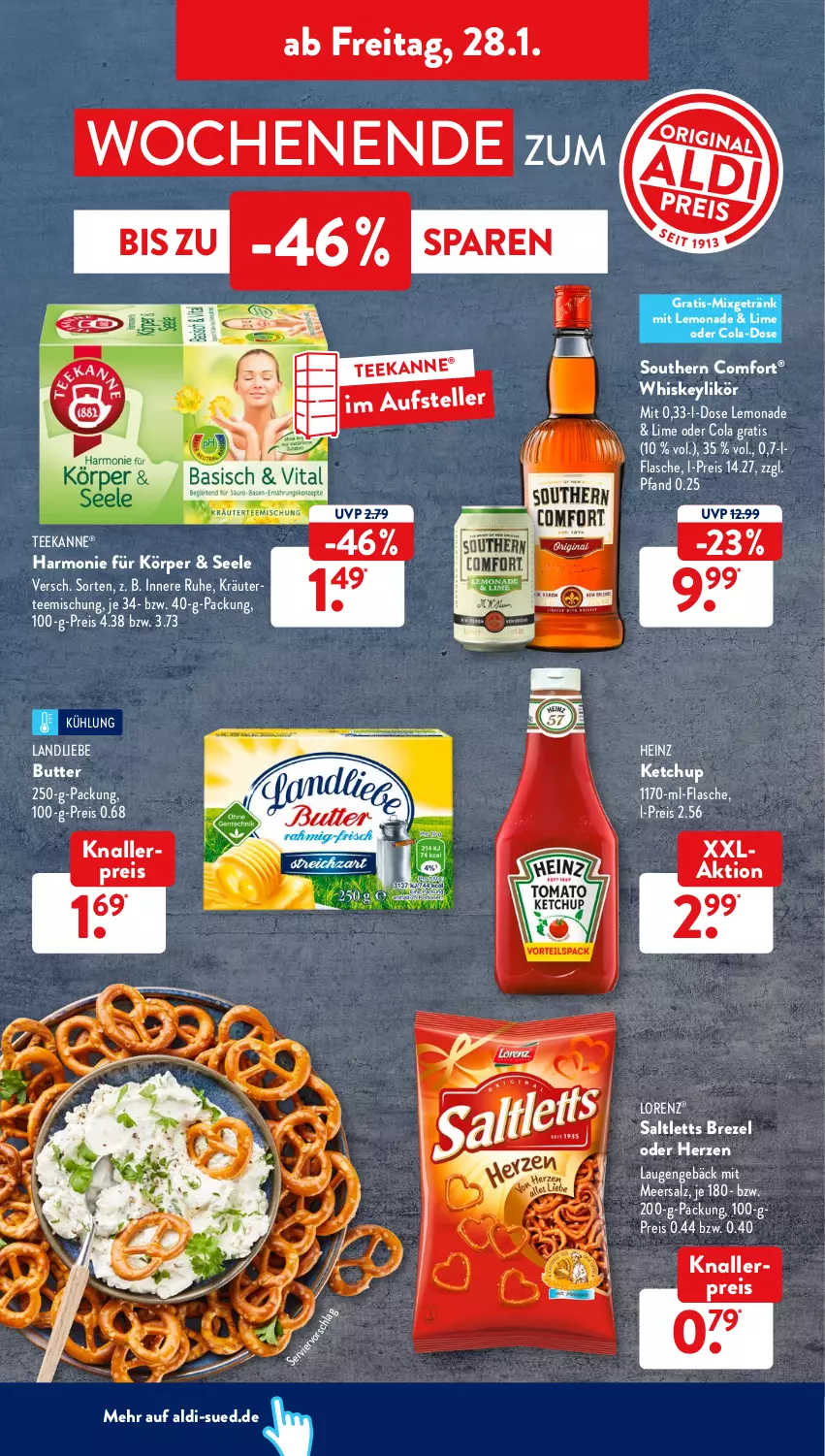 Aktueller Prospekt AldiSud - ALDI Aktuell - von 24.01 bis 29.01.2022 - strona 28 - produkty: aldi, brezel, butter, cola, eis, elle, flasche, getränk, heinz, ketchup, knallerpreis, kräuter, landliebe, lemonade, likör, lorenz, meersalz, Mixgetränk, reis, saltletts, salz, Southern Comfort, tee, teekanne, teller, Ti, whiskey