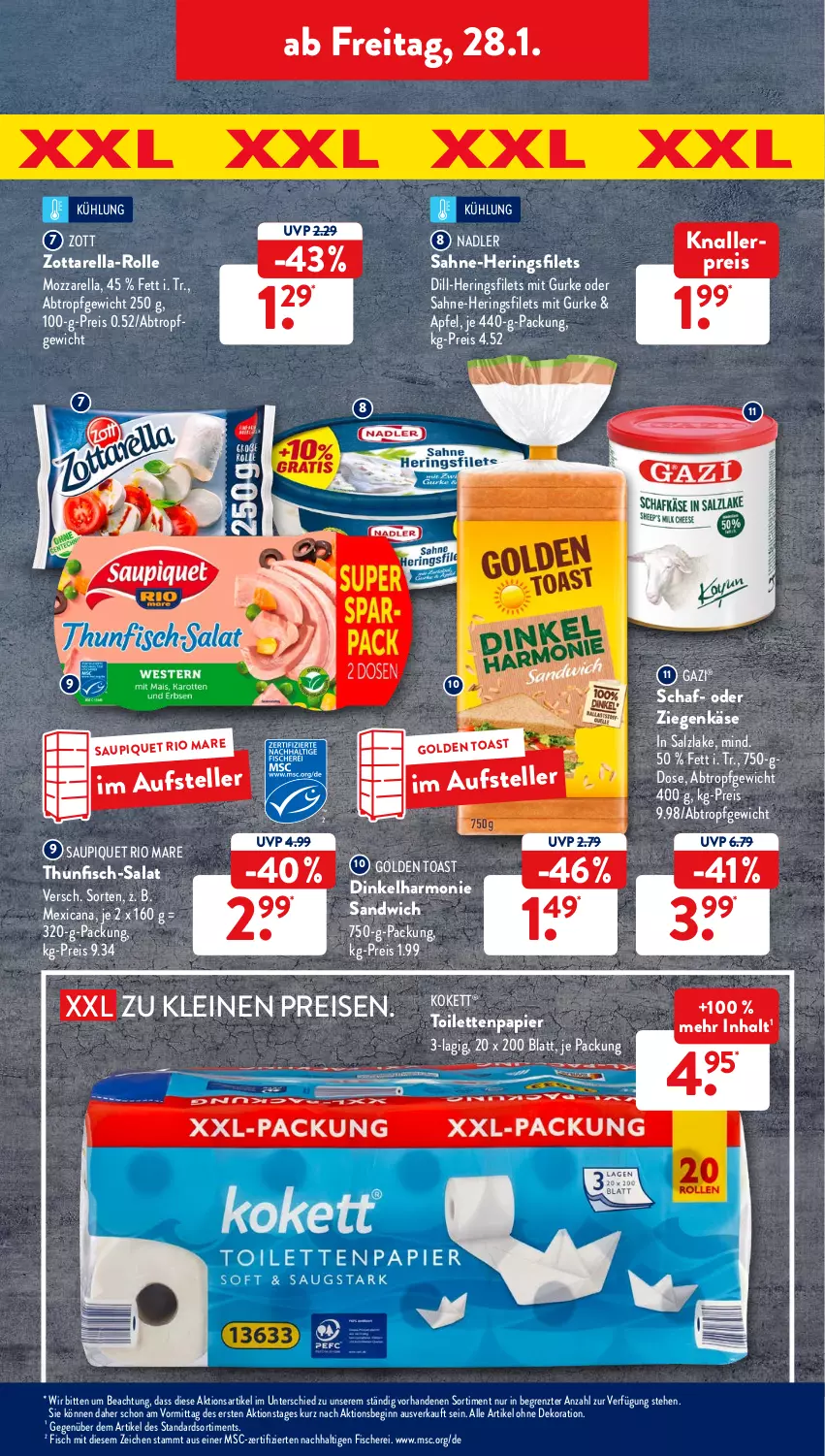 Aktueller Prospekt AldiSud - ALDI Aktuell - von 24.01 bis 29.01.2022 - strona 31 - produkty: alle artikel ohne dekoration, apfel, dekoration, eis, elle, filet, filets, fisch, fische, Fischer, gin, golden toast, gurke, hering, Herings, heringsfilets, Käse, knallerpreis, leine, mozzarella, nadler, papier, reis, rel, ring, Rio Mare, sahne, salat, salz, sandwich, saupiquet, Schere, teller, thunfisch, Ti, toast, toilettenpapier, ziegenkäse, zott, zottarella, ZTE