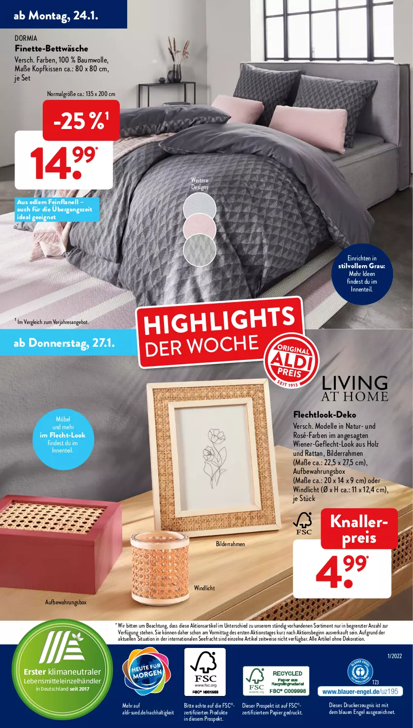 Aktueller Prospekt AldiSud - ALDI Aktuell - von 24.01 bis 29.01.2022 - strona 41 - produkty: aldi, alle artikel ohne dekoration, angebot, aufbewahrungsbox, Bau, baumwolle, bett, bettwäsche, bilderrahmen, dekoration, dell, dormia, drucker, eis, elle, Engel, ente, gin, Holz, kerze, kissen, knallerpreis, kopfkissen, lebensmittel, LG, möbel, Mode, natur, papier, reis, resa, Ti, wiener, windlicht, wolle, ZTE