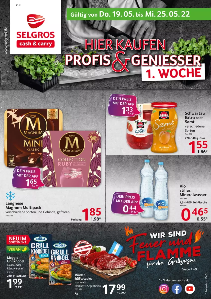 Aktueller Prospekt Selgros - Food - von 19.05 bis 25.05.2022 - strona 1 - produkty: Alwa, aprikose, beere, eier, flasche, grill, langnese, LG, magnum, mineralwasser, Schwartau, Ti, wasser