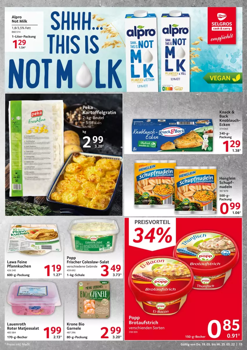 Aktueller Prospekt Selgros - Food - von 19.05 bis 25.05.2022 - strona 13 - produkty: alpro, Becher, bio, Coleslaw, eis, henglein, kartoffel, knoblauch, krone, kuchen, LG, matjes, nudel, nudeln, Pfannkuchen, Popp, preisvorteil, reis, salat, Schal, Schale, Ti