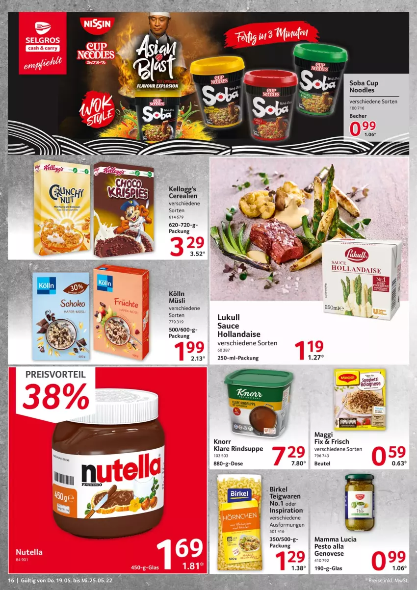 Aktueller Prospekt Selgros - Food - von 19.05 bis 25.05.2022 - strona 16 - produkty: Becher, beutel, birkel, bolognese, cerealien, eis, genovese, honig, kellogg's, knorr, knorr fix, kölln, lukull, maggi, mam, müsli, pesto, preisvorteil, reis, rind, spaghetti, spaghetti bolognese, suppe, tee, teigwaren, Ti