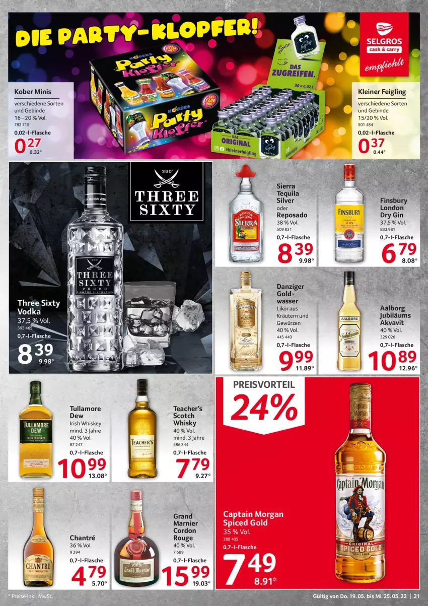 Aktueller Prospekt Selgros - Food - von 19.05 bis 25.05.2022 - strona 21 - produkty: Aalborg, dry gin, eis, finsbury, flasche, gewürz, gin, irish whiskey, Jubiläums, kleiner feigling, kräuter, kräutern, leine, likör, preisvorteil, reifen, reis, rouge, scotch, Sierra, tequila, Ti, tullamore, vodka, wasser, whiskey, whisky