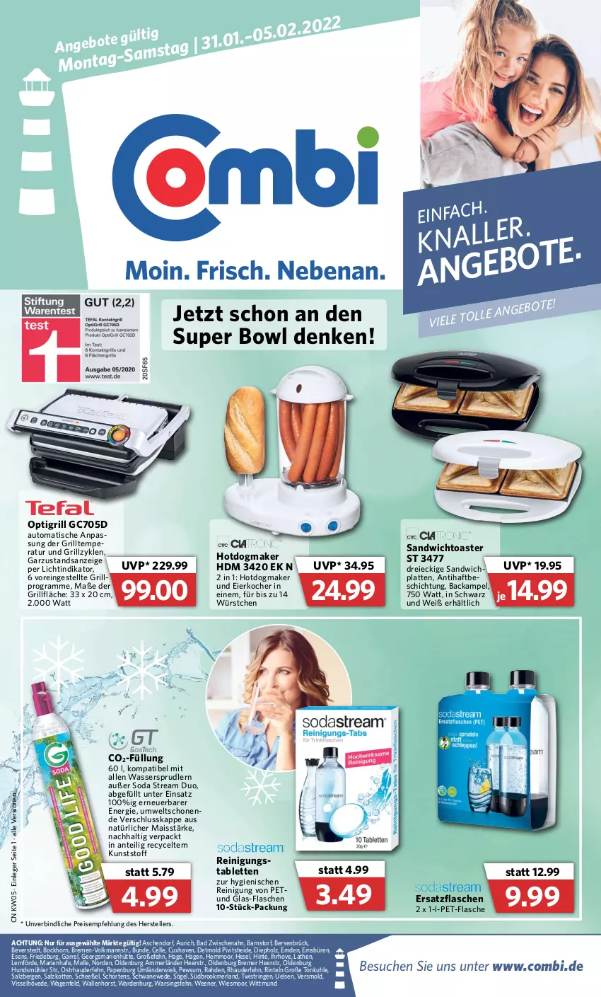 Aktueller Prospekt Combi - Prospekte - von 31.01 bis 05.02.2022 - strona 1 - produkty: ammerländer, Anew, auto, Bad, eier, Eierkocher, eis, elle, flasche, grill, grillfläche, Holz, HP, Intel, Kocher, latte, mais, merl, pet-flasche, Reinigung, reis, rel, ring, salz, sandwich, Soda, String, tablet, tablett, Tablette, teller, Ti, tisch, toast, toaster, wasser, wassersprudler, würstchen