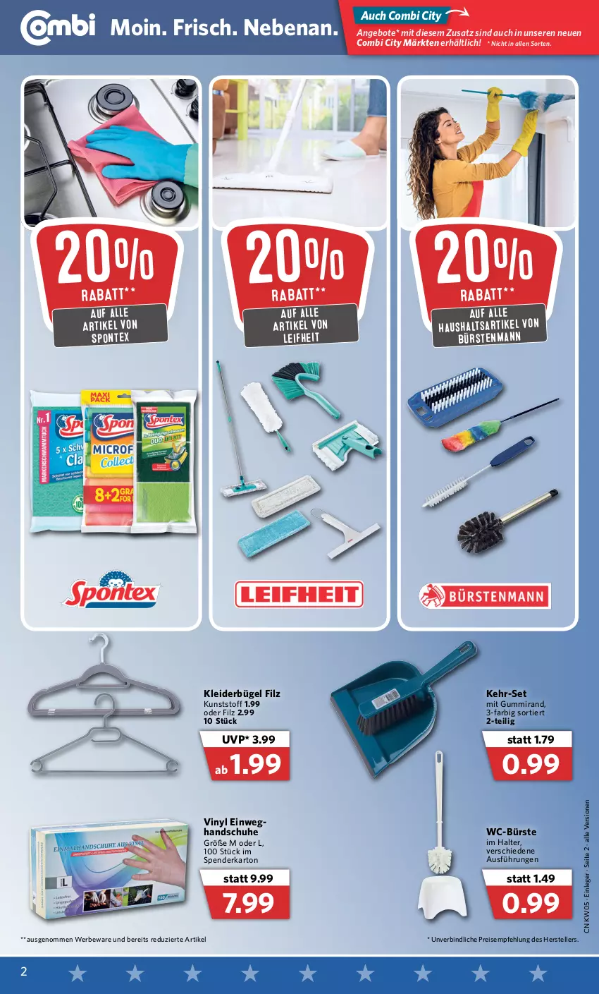 Aktueller Prospekt Combi - Prospekte - von 31.01 bis 05.02.2022 - strona 2 - produkty: angebot, angebote, bügel, bürste, bürsten, bürstenmann, Einweghandschuhe, eis, elle, handschuhe, kleid, kleider, kleiderbügel, leifheit, reis, schuhe, spontex, teller, Ti, WC-Bürste