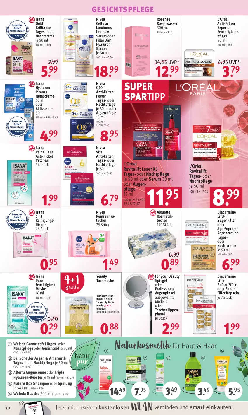 Aktueller Prospekt Rossmann - Prospekte - von 04.04 bis 08.04.2022 - strona 10 - produkty: alouette, alterra, anti-falten experte, apfel, Augenpflege, binden, creme, dell, Diadermine, Dr. Scheller, dusche, elle, feuchtigkeitspflege, For Your Beauty, Gesichtsöl, gesichtspflege, grana, granatapfel, hyaluron, isana, kosmetik, Kosmetiktücher, Maske, Mode, nachtcreme, nachtpflege, natur, nature box, naturkosmetik, nivea, Pinsel, Q10, Rana, Reinigung, reinigungstücher, Revital, revitalift, rosen, Rosenwasser, rum, sana, Serum, shampoo, shampoo oder spülung, spartipp, spiegel, spülung, tagescreme, Tasche, taschen, Ti, Tiere, tuc, tücher, tuchmaske, vita, wasser, weleda, Yo