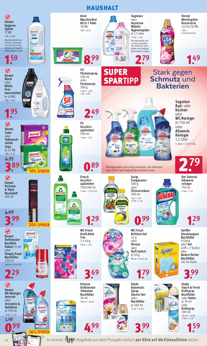 Aktueller Prospekt Rossmann - Prospekte - von 04.04 bis 08.04.2022 - strona 14 - produkty: allzweckreiniger, angebot, angebote, ariel, ariel waschmittel, auto, Bad, bio, biozidprodukte, Cap, Domol, Duftspray, essig, febreze, feinwaschmittel, Frosch, geschirr, geschirrspülmittel, Glade, hygienespüler, kraft, küche, Küchen, lack, Pods, Rauch, Raumduft, reiniger, resa, rwe, sagrotan, salz, sim, spartipp, spülmittel, staubmagnet, swiffer, Ti, tücher, vernel, vollwaschmittel, waschmittel, wc frisch, wc-reiniger, weck, weichspüler, zitrone, zitronen