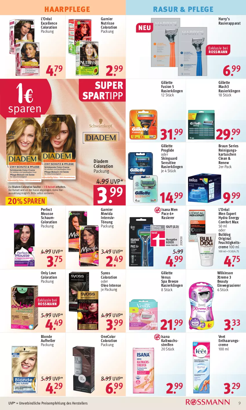 Aktueller Prospekt Rossmann - Prospekte - von 04.04 bis 08.04.2022 - strona 9 - produkty: braun, bree, Bulldog, creme, diadem, einwegrasierer, eis, elle, feuchtigkeitscreme, garnier, gillette, gillette venus, gin, haarpflege, Intensivtönung, isana, kaltwachsstreifen, mac, mach3, mousse, Nutrisse, rasierapparat, rasierer, Rasierklinge, rasierklingen, reifen, Reinigung, reis, sana, skinguard, spartipp, syoss, teller, Ti, Tiere, veet, venus, wilkinson, Yo