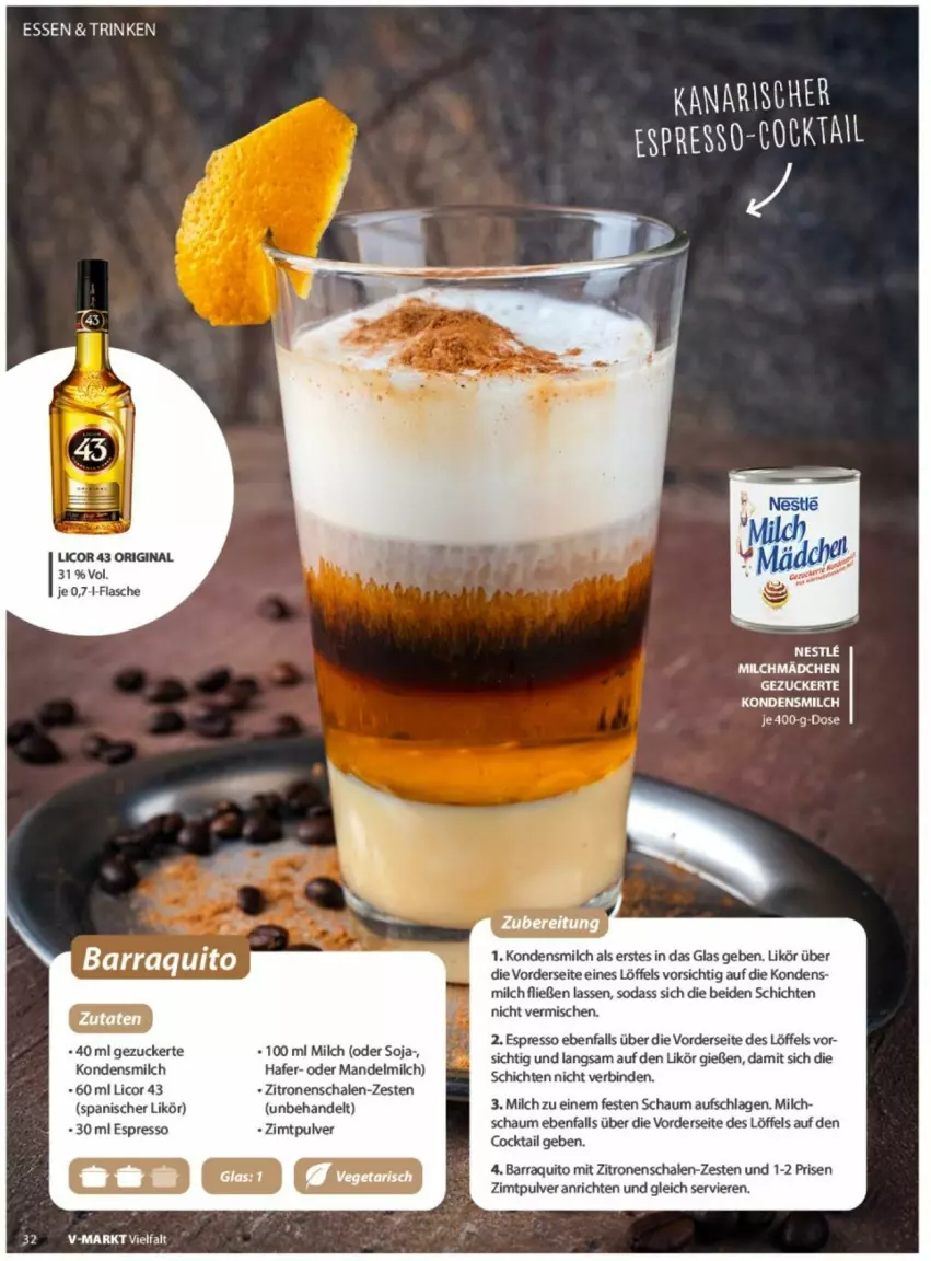 Aktueller Prospekt Vmarkt - Prospekte - von 04.06 bis 18.06.2025 - strona 32 - produkty: Anrichte, binden, cocktail, espresso, flasche, gin, hafer, kondensmilch, LG, licor, licor 43, likör, Löffel, mandel, milch, Schal, Schale, Soda, soja, Ti, zitrone, zitronen, zucker