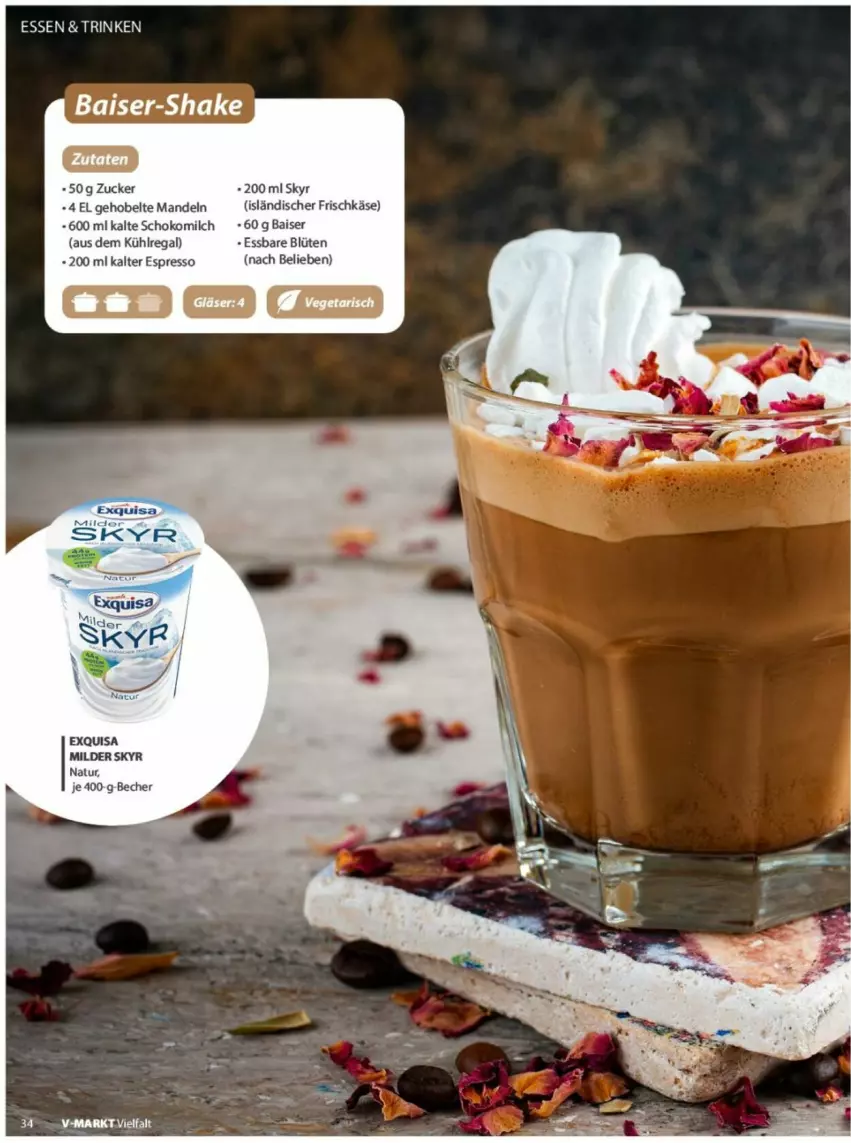 Aktueller Prospekt Vmarkt - Prospekte - von 04.06 bis 18.06.2025 - strona 34 - produkty: aus dem kühlregal, Becher, Blüte, espresso, exquisa, frischkäse, Käse, kühlregal, mandel, mandeln, milch, natur, regal, schoko, Schokomilch, shake, Skyr, zucker