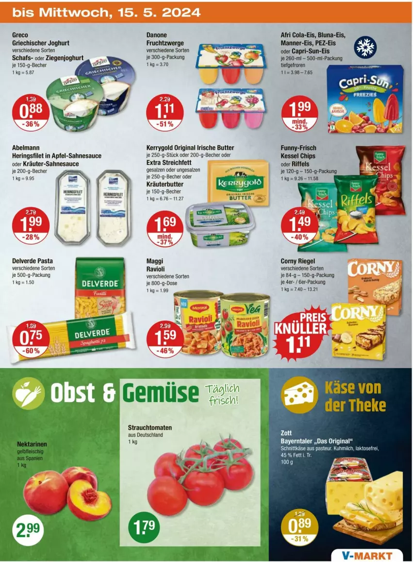 Aktueller Prospekt Vmarkt - Prospekte - von 09.05 bis 15.05.2024 - strona 23 - produkty: Afri Cola, apfel, Becher, butter, Cap, capri-sun, chips, cola, corny, danone, eis, erde, filet, frucht, fruchtzwerge, funny-frisch, gin, Griechischer Joghurt, hering, Herings, irische butter, joghur, joghurt, Käse, kerrygold, kräuter, kräuterbutter, maggi, Manner, milch, oder kräuter, pasta, Rauch, ravioli, riegel, ring, sahne, salz, sauce, schnittkäse, strauchtomaten, Ti, tomate, tomaten