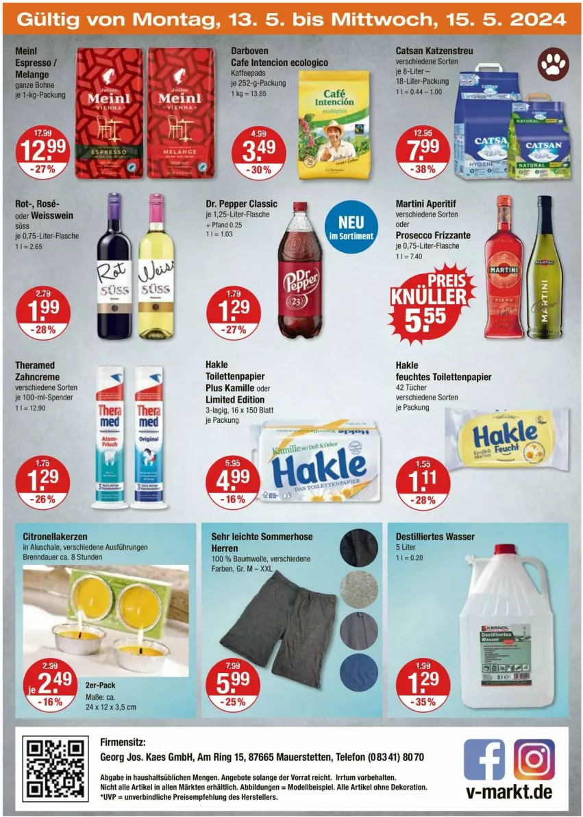 Aktueller Prospekt Vmarkt - Prospekte - von 09.05 bis 15.05.2024 - strona 24 - produkty: alle artikel ohne dekoration, angebot, angebote, aperitif, auer, Bau, baumwolle, catsan, creme, dekoration, dell, ecco, eis, feuchtes toilettenpapier, flasche, frizzante, hakle, hose, kaes, kaffee, kaffeepads, Kamill, kamille, Katzenstreu, kerze, martini, Mode, papier, prosecco, ring, Schal, Schale, telefon, theramed, Ti, toilettenpapier, tücher, wasser, wein, wolle, zahncreme